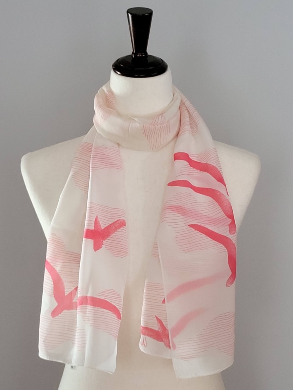 Vera Neumann Silk Blend Scarf: Pink Birds Clouds, Rectangle, Made in Japan